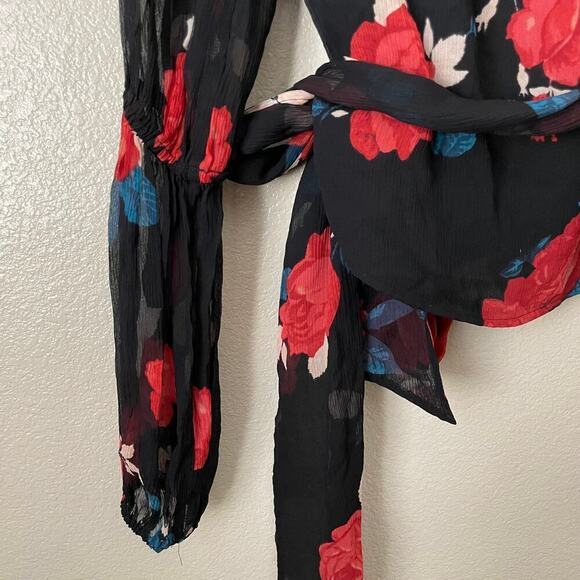 Club Monaco Top Womens XS Black Silk Floral Wrap Tie Bell Sleeve Darlana Vamp - Picture 9 of 14